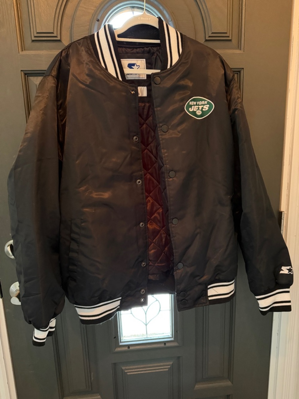 STARTER Black New York Jets Varsity Bomber Jacket with White Trim